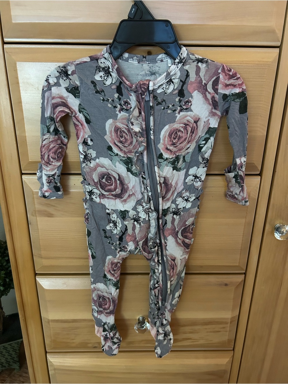 Posh Peanut Gray Floral Rose Ruffle Footie Sleeper | 0-3 Months | Bamboo Spandex
